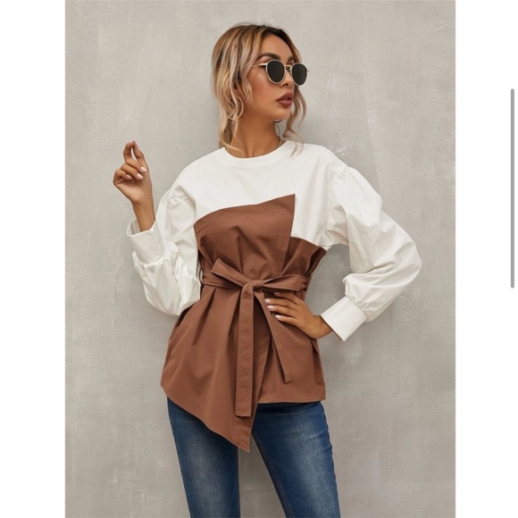 Layered Faux Belted Corset White Shirt Brown Detail Long Bishop Sleeves - Picture 2 of 6